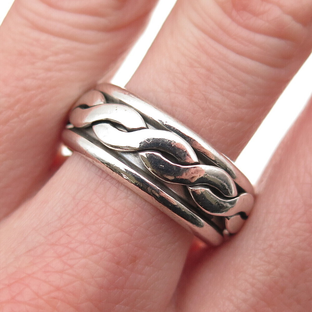 925 Sterling Silver Vintage Mexico Woven Rotating Band Ring Size 10.25